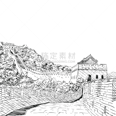 长城,草图,绘画插图,矢量,旅途,世界遗产,围墙,著名景点,艺术品,铅笔画
