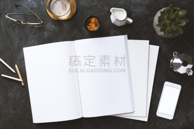白色,书桌,空白的,智能手机,黑板,平铺,咖啡机,桌面射击
