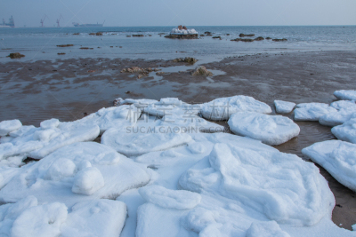 中国,海洋,冻结的,云,雪,船,动物,春天,海岸线,岩石