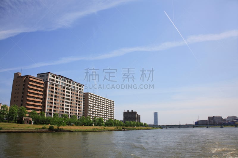 信浓川,新泻市,新泻县,北陆地区,天空,水平画幅,无人,蓝色,日本,东亚