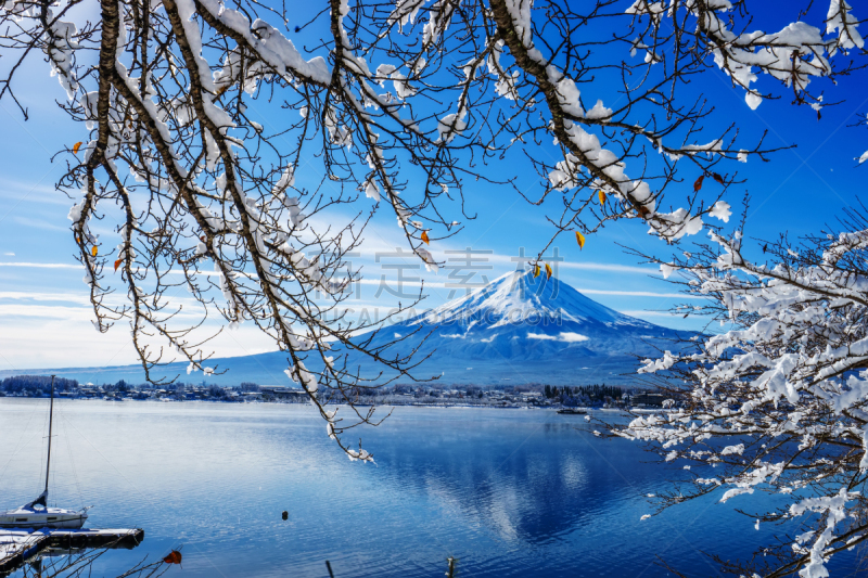 河口湖,富士山,黎明,背景聚焦,富士河口湖,水平画幅,雪,无人,早晨,户外