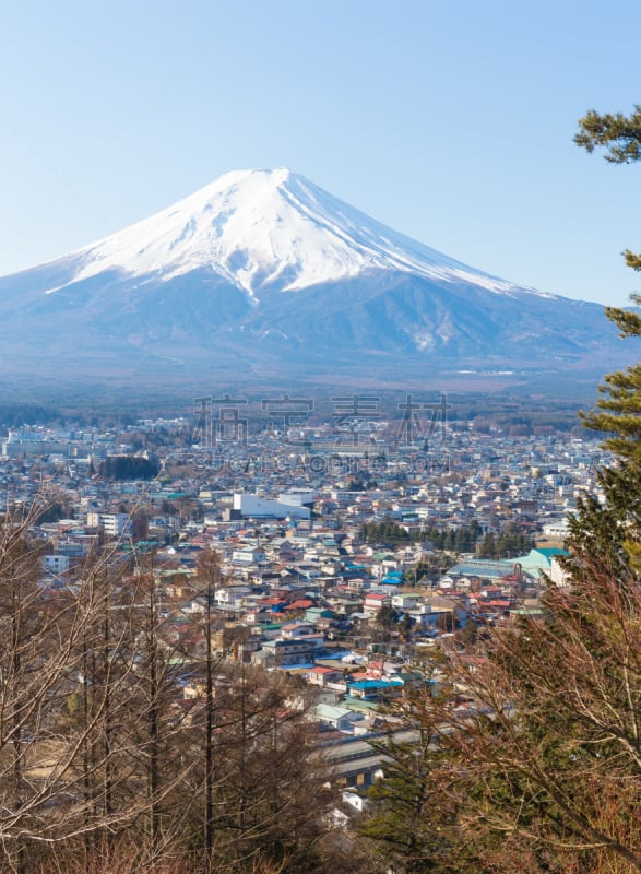 富士山,天空,早晨,都市风景,蓝色,高大的,鸟居,富士吉田,山梨县,神殿