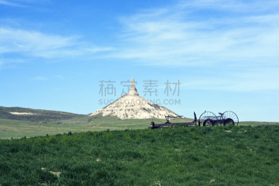 烟囱岩,内布拉斯加,俄勒冈小道,水平画幅,绿色,岩石,无人,农业机器,户外,机器