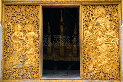 香通寺,两种语言,琅勃拉邦,进口标志,金叶,水平画幅,无人,职权,制服,户外