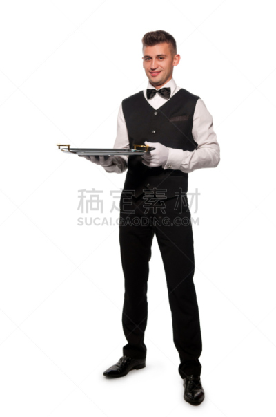 男招待,餐盘,男孩,道德,垂直画幅,白色,剪贴路径,华贵,男人,成年的
