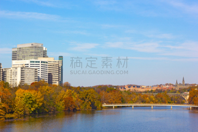 美国,秋天,全景,城市,华盛顿特区,水,天空,褐色,波托马克河,水平画幅