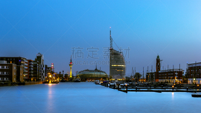 不莱梅港,钟面,青绿色,水平画幅,建筑,夜晚,无人,玻璃,户外,城市
