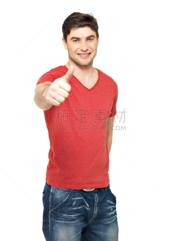成年的,幸福,做手势,男人,翘起大拇指,垂直画幅,正面视角,美,留白,t恤