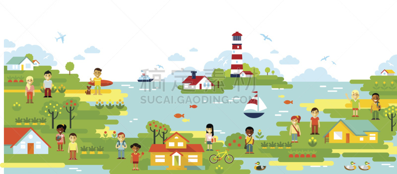 地形,全景,人,度假村,灯塔楼,社区,天空,绘画插图,夏天,卡通