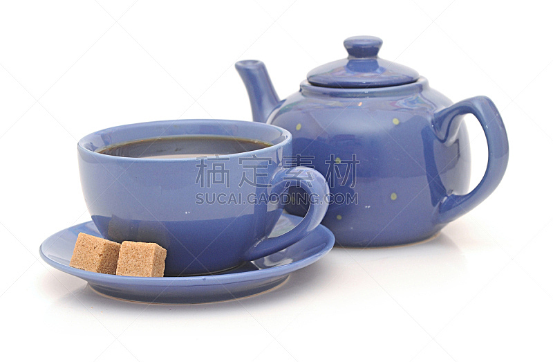 白色背景,茶壶,杯,糖,餐具,饮食,水平画幅,木制,无人,蓝色