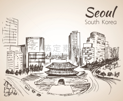 草图,都市风景,首尔,南大门,动物手,韩国,旅途,铅笔,德国高速公路,商业金融和工业