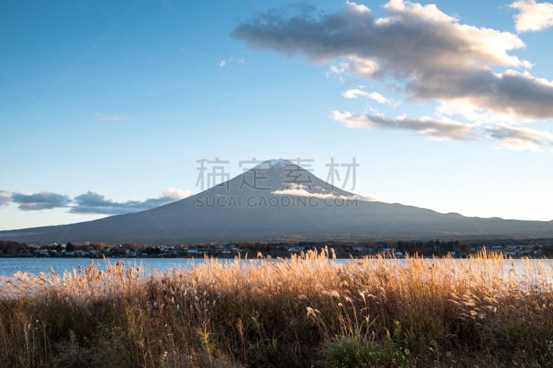 富士山,日本,河口湖,水,天空,美,里山,水平画幅,雪,无人