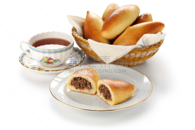 肉末,茶杯,塞满了的,水平画幅,开胃品,烘焙糕点,白色背景,半圆形小酥饼,篮子,小吃