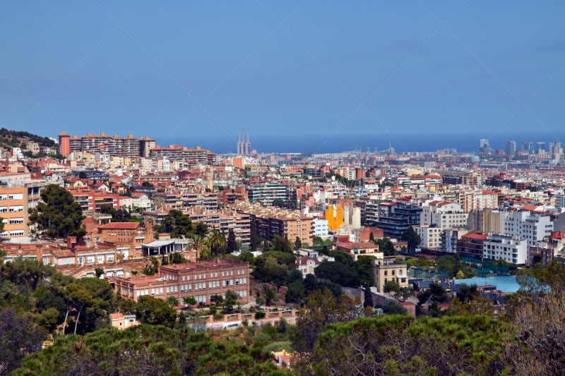 巴塞罗那,航拍视角,水平画幅,古老的,户外,都市风景,兰布拉大道,城镇,著名景点,地中海