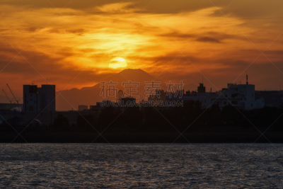 富士山,在上面,天空,水平画幅,云,无人,户外,荒川河,都市风景,风景