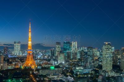 东京,居住区,拥挤的,建筑外部,东京塔,天空,水平画幅,无人,蓝色,城市天际线