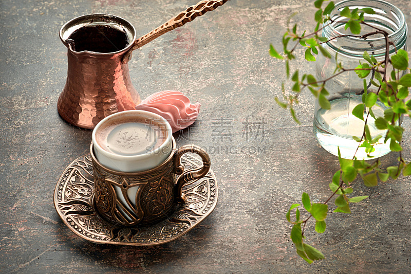传统,杯,咖啡,铜锅,东方人,饮料,热,棉花软糖,土耳其,咖啡杯