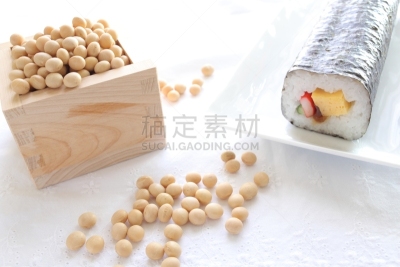 日本食品,寿司,惠方卷,枡,鱼糕,留白,水平画幅,无人,大豆,明亮
