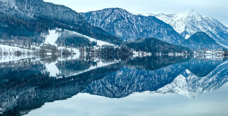 格伦德尔湖,湖,奥地利,阿尔卑斯山脉,全景,冬天,水,天空,水平画幅,雪