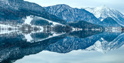 格伦德尔湖,湖,奥地利,阿尔卑斯山脉,全景,冬天,水,天空,水平画幅,雪