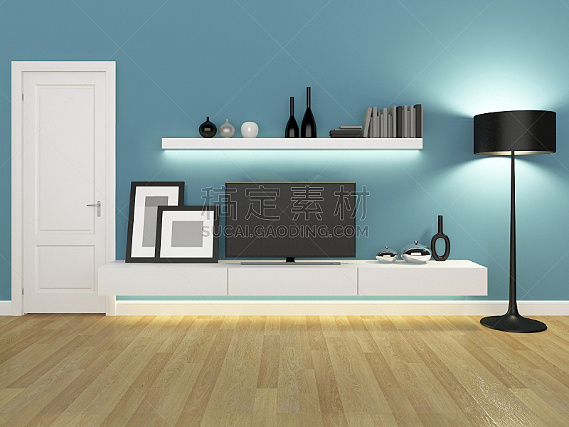 蓝色,起居室,书架,电视机,水平画幅,墙,无人,地毯,灯,家具