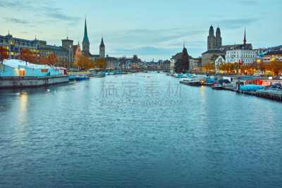 苏黎士,利马特河,全景,水,夜晚,古老的,曙暮光,湖,都市风景