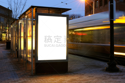 公共汽车站,布告栏,空白的,留白,水平画幅,夜晚,无人,户外,交通方式,市场营销