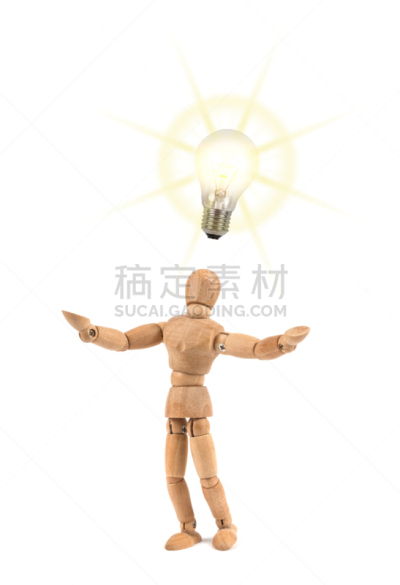 灵感,木制,人造模特,垂直画幅,脑风暴,艺术模特,新的,电灯泡,灯
