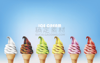 冰淇淋蛋卷,多色的,矢量,调味品,绘画插图,水果,反差,冰冻酸奶,奶泡,冰淇淋