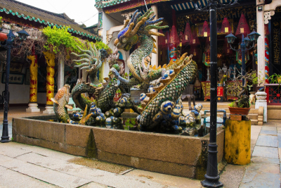 龙,池塘,礼堂,水平画幅,无人,传统,寺庙,古老的,岘港省,户外
