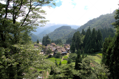 五箇山,筑垒村,富山县,茅屋屋顶,著名自然景观,自然,水平画幅,绿色,枝繁叶茂,无人