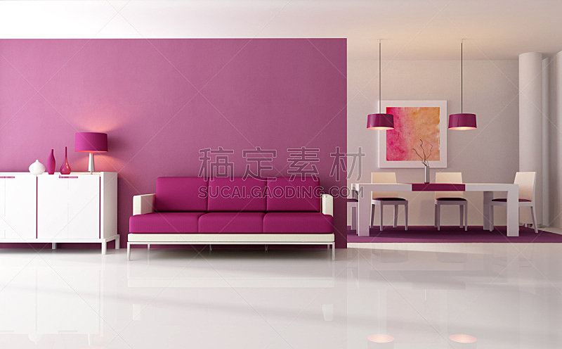现代,紫色,起居室,边框,水平画幅,墙,无人,椅子,地毯,灯