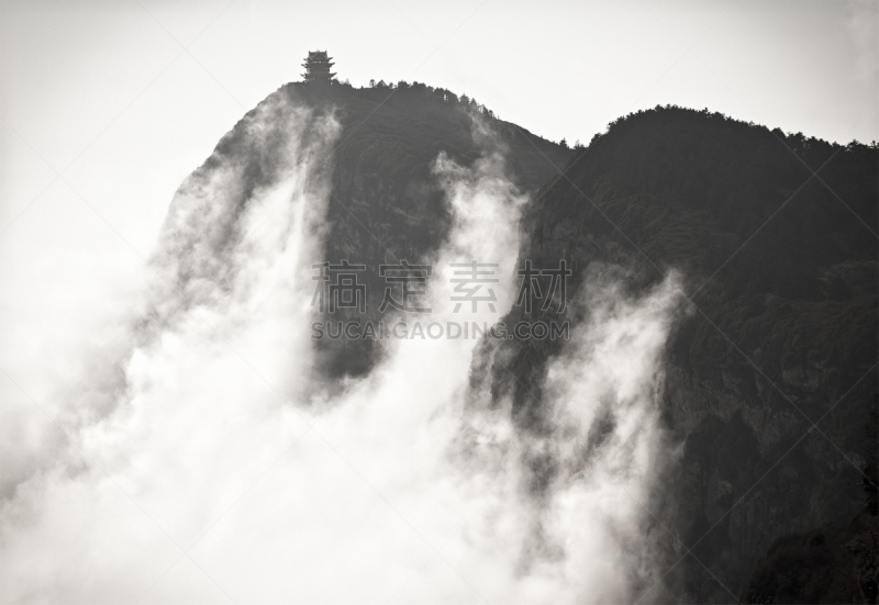 峨眉山,灵性,四川省,留白,古老的,古典式,单色调,顶部,国际著名景点,高处