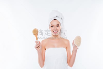 拿着,手,女人,快乐,白色背景,头顶,注视镜头,表现积极,分离着色