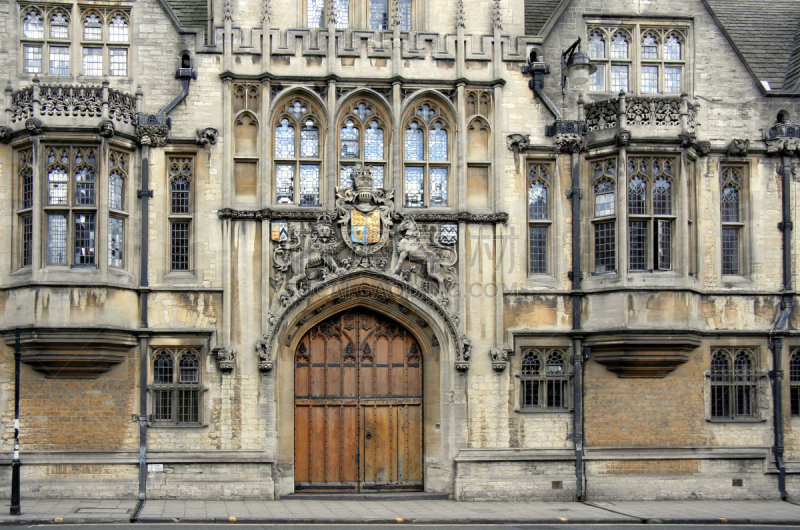 布拉斯诺兹学院,牛津大学,外立面,牛津,密歇根州牛津,镶铅条的窗玻璃,凸窗,吊袜带,独角兽,建筑物门