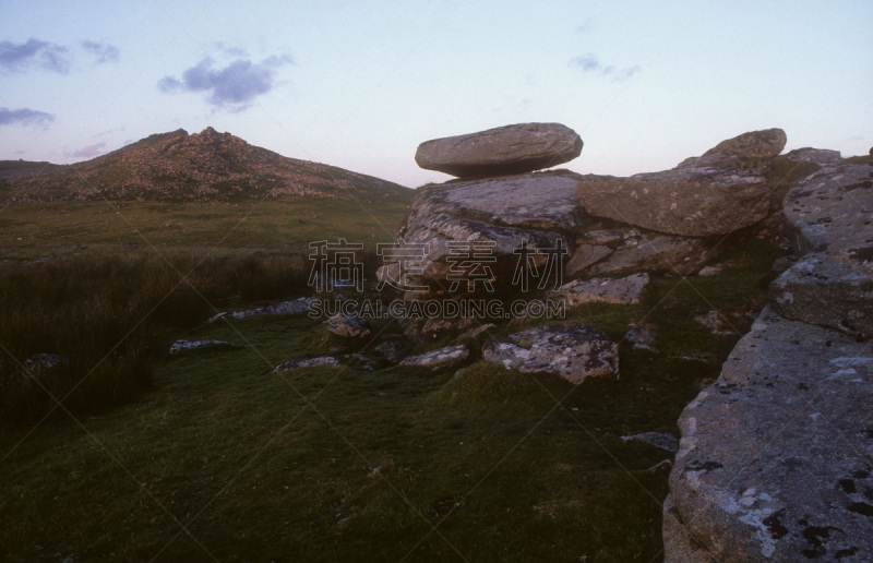 Bodmin Moor,粗糙的,突岩,康沃尔,火成岩,停泊的,旷野,日落,摄影