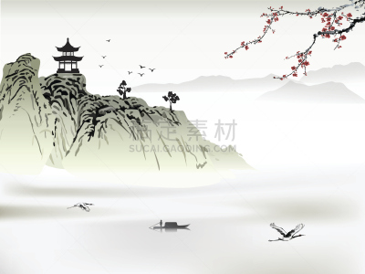 绘画作品,地形,中国,绘画艺术品,墨水,日本,绘画插图,樱花,樱桃,无人