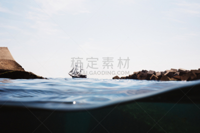 双桅帆船,水平画幅,无人,巴塞罗那,水下,在之间,船,海洋,西班牙,冒险