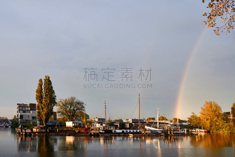 阿姆斯特丹,海峡,荷兰,彩虹,在上面,水,天空,水平画幅,地形,无人