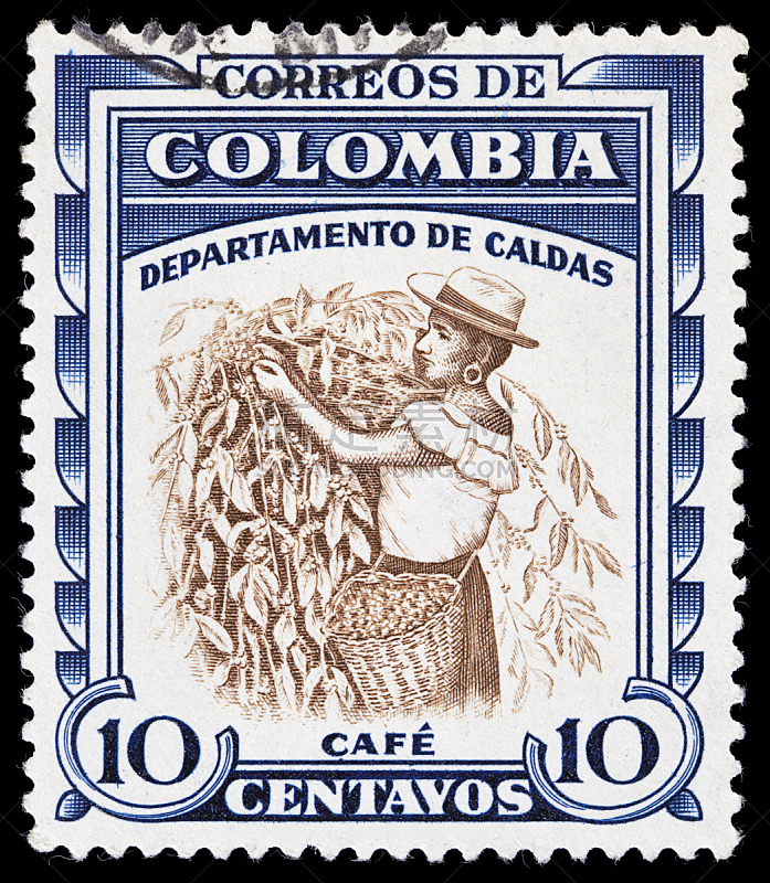 哥伦比亚,咖啡豆,哥伦比亚人,邮戳,南美,黑色背景,背景分离,特写,邮件