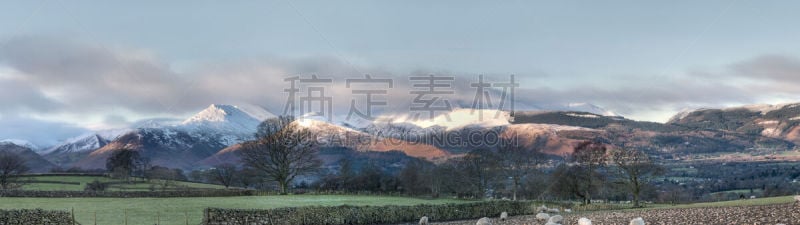 全景,英格兰湖区,天空,灵性,高视角,雪,古老的,早晨,曙暮光,尖峰