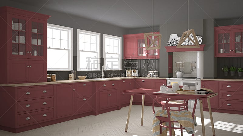 斯堪的纳维亚人,木制,红色,厨房,简单,室内设计师,极简构图,大特写,建筑模型,镶花地板