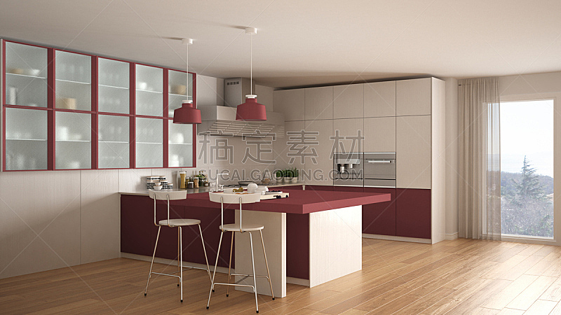 镶花地板,现代,白色,红色,厨房,简单,室内设计师,极简构图,电扇,水槽