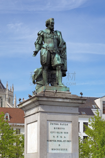 peter paul rubens,比利时,雕像,安特卫普,安特卫普市,绿锈,法兰德斯,垂直画幅,纪念碑,天空