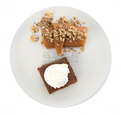 高视角,中东食物,白色背景,背景分离,碎丝面包,食品,图像,切片食物,小吃,坚果