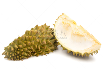 水果,榴莲,白色背景,果皮,自然,褐色,水平画幅,荆棘,维生素,尖利
