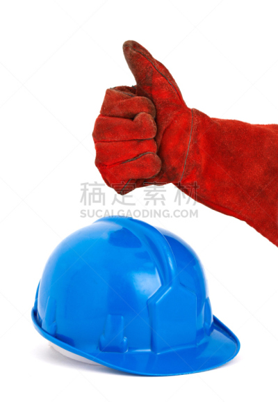 同意的手势,表现积极,红色,手套,符号,运动头盔,焊工,垂直画幅,塑胶,保险箱