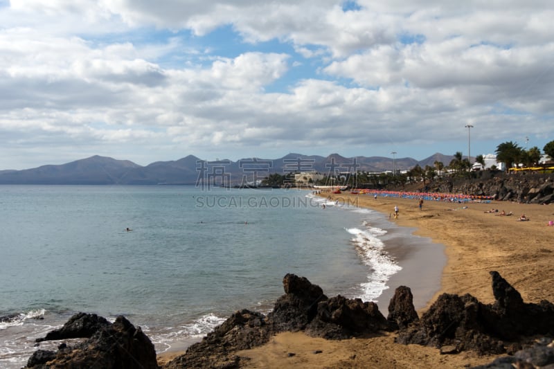 兰萨罗特岛,海滩,卡门港,西班牙,水,天空,褐色,水平画幅,沙子,无人