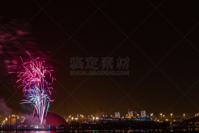新年前夕,放焰火,玛丽皇后号,无人,玛丽王后号邮轮,长时间曝光,远洋班轮,图像,水平画幅,长滩