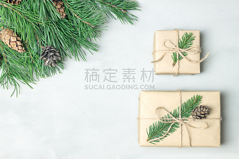 包装纸,绿色背景,手艺,平铺,红松,视角,纸,蝴蝶结,圣诞礼物,有序